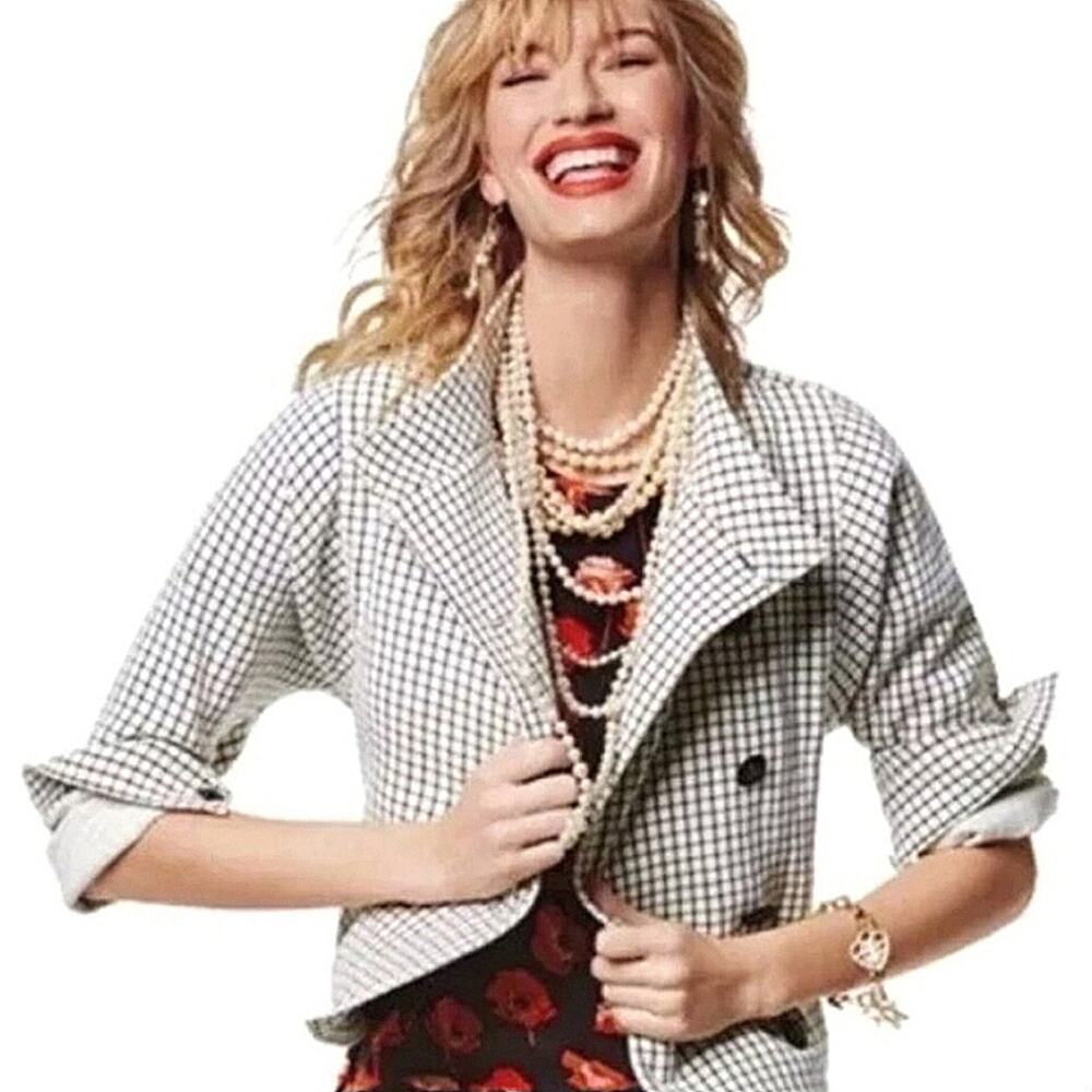 CAbi Osaka Nights Ivory & Black Windowpane Ponte Knit Button Down Jacket Blazer
